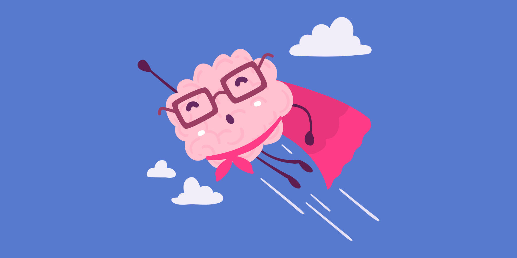 Knowva Hero Image - Flying A hero image featuring our cartoon brain mascot Knowva, soaring through the sky like a superhero.