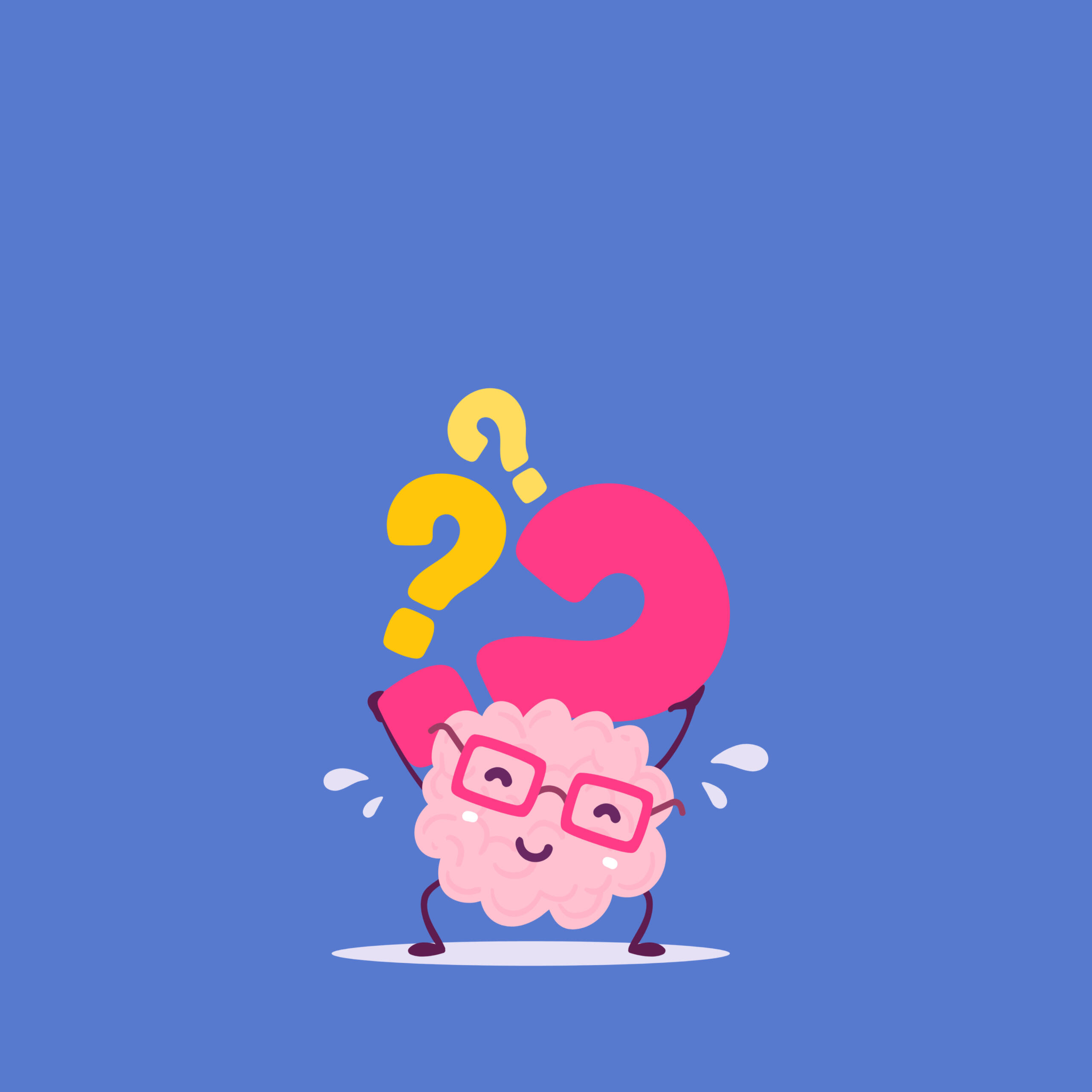 Knowva Hero Image - Questions A hero image featuring our cartoon brain mascot Knowva, carrying many multiple-coloured question marks (?).