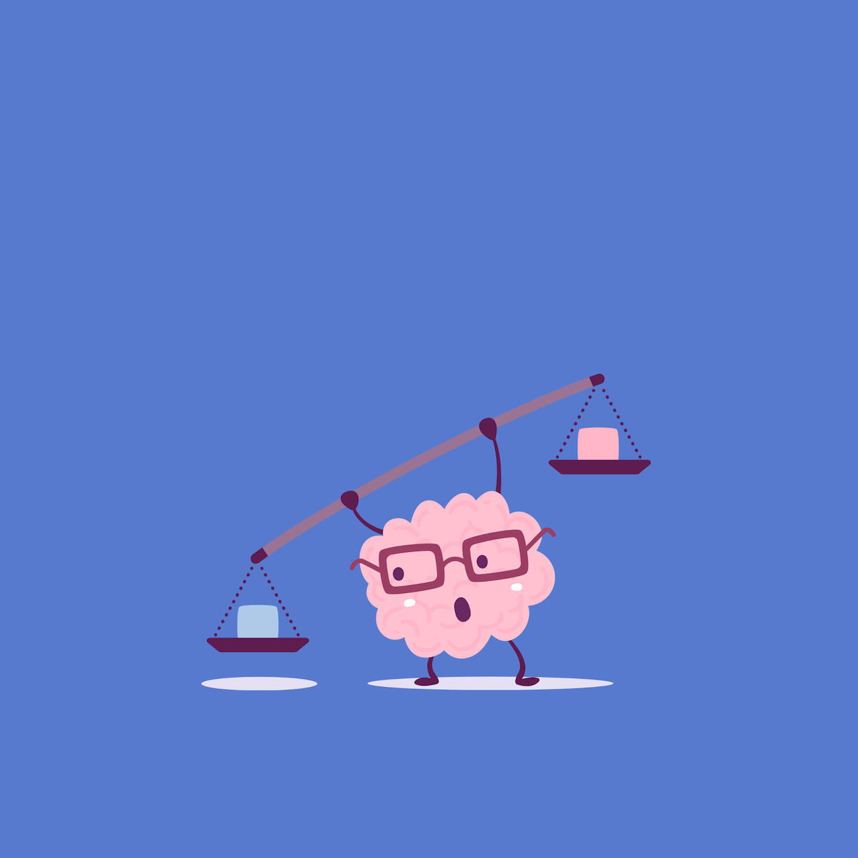 Knowva Hero Image - Balance A hero image featuring our cartoon brain mascot Knowva, holding a long stick with two weights on either end, like an old-fashioned weighing scale.