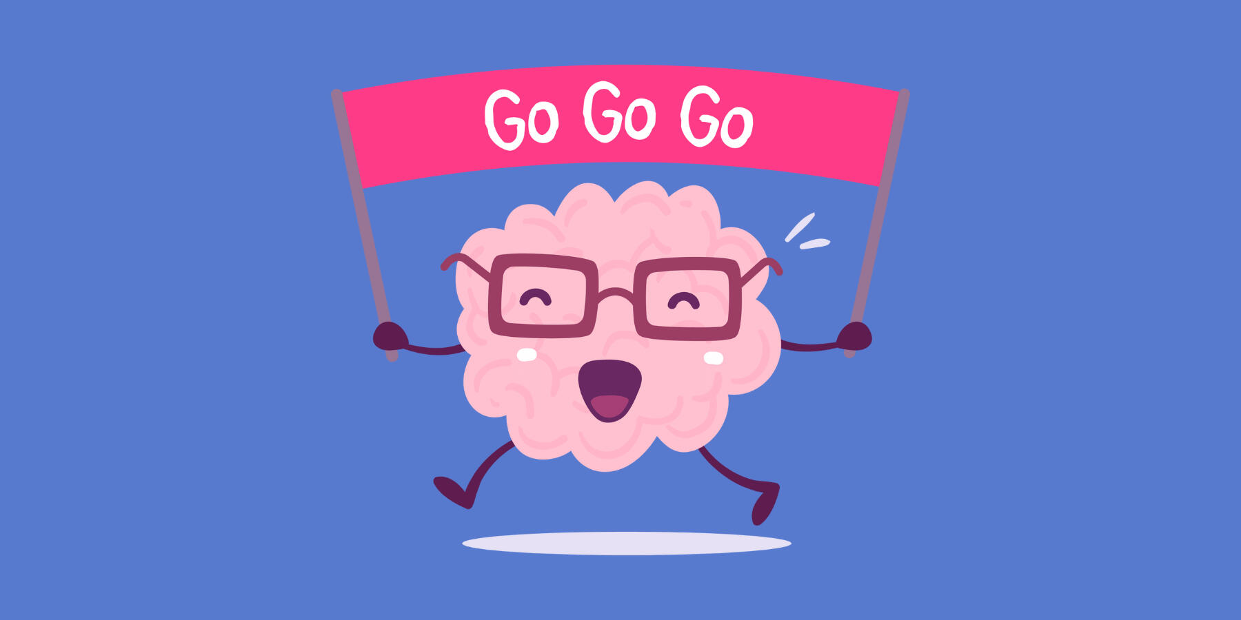 Knowva Hero Image - Go Go Go A hero image featuring our cartoon brain mascot Knowva, holding a banner above his head with the words 'Go Go Go!" on it.