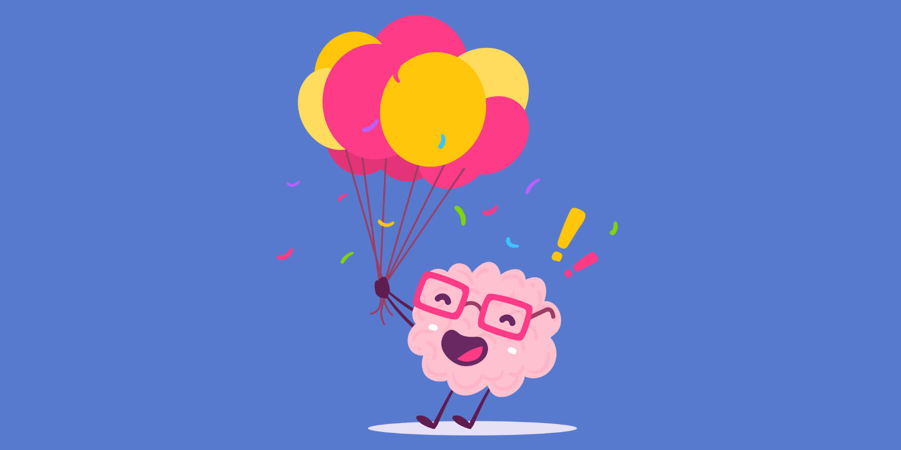 Knowva Hero Image - Balloons A hero image featuring our cartoon brain mascot Knowva, joyfully holding on to a bunch of colourful balloons.